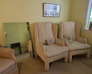 Two Fabric Chairs and Mirror