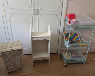 Wicker Hamper, Fish Shelf, and Childrens' Toys