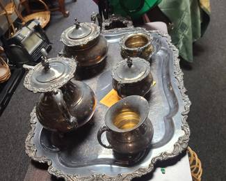 Vintage Silver/Silver Plate Tea and Coffee Serving Set w/Tray