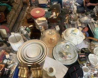 Large variety of kitchenware, large mixing bowls, cake stands and cloches, decorative holding trays, bookends, tupperware, picture frames, crafting supplies
