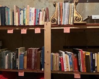 books that will be for sale, in sections: Judaica, hobbies, health & wellness, crafting, history & reference books, recipe books, poetry, art, music, humor, kids picture books, vintage and fiction