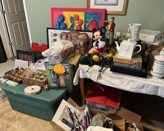 varies items still to be sorted, included fall seasonal decor, summer yard decor, kids mickey mouse telephone, other art