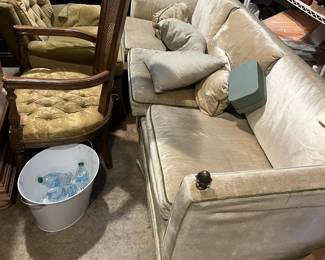 velvet vintage sofa, marked $75 dollars (OBO); other upholstered chairs