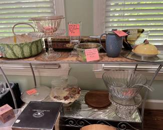 cake stands, large salad serving bowl, a vintage green uranium glass bowl, punch bowl
