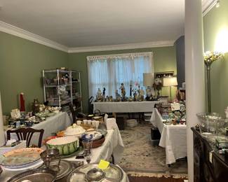 antique and vintage dishware, collectibles, silver; back corner shelves are full of craft supplies for: jewelry making/beads, yarn and knitting needles, scrapbooking, sewing, and more