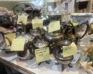 Fine silver dishware (silver on copper sugar bowl, pitchers, etc)