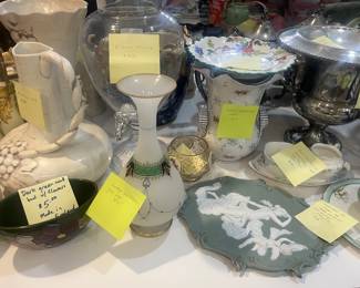 Fine vintage glassware, vases, and bowls, and a Royal York England Petite Creamer and Sugar Tray