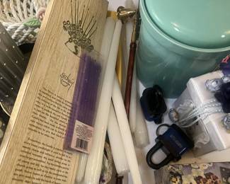 Candles/candlesticks, stoneware crock—things are better organized than in this photo, I'll try to get a more recent one up soon!