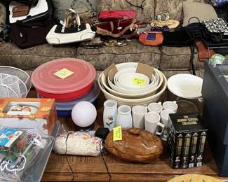 tupperware, serving utensil holder, mugs, purses