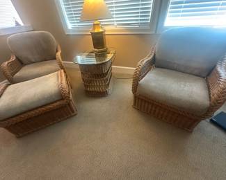 Wicker chairs, ottoman and table