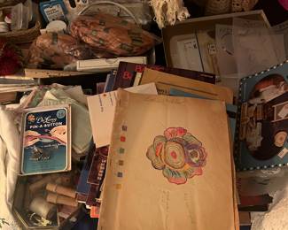 Display of books, sewing notions, threads for making doilies, embroidery, etc.