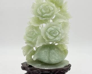 155 ChineseStyleGreenJadeFloralSculpturewWoodenStand
