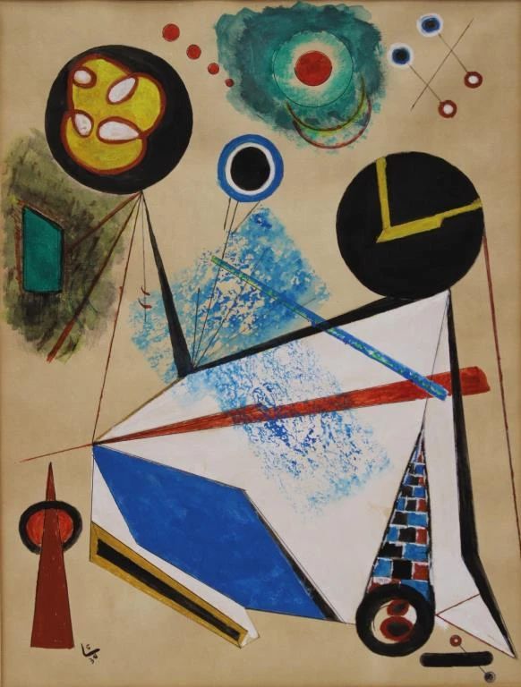Unauthenticated Wassily Vasilievich Kandinsky (1886-1944) ca:1930 Watercolor and Gouache on paper, Signed Monogram lower left: K 5 and 30.... 17" x 13" Art, frame 29" x 25"