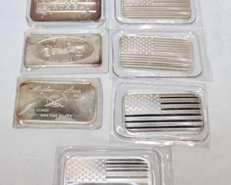 7pc Coins; 1 oz Silver Bars .999 fine silver; "Happy Birthday", "Mother-Lode", 4 American Flags, "Mercer Raceabout 1913"