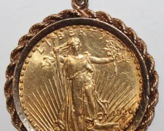 1926 $20 Gold Saint-Gaudens Coin with 14kt gold holder. 41.5 grams total weight
