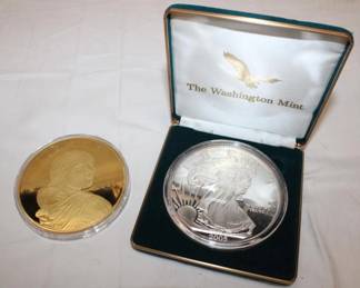 2pc .999 Fine Silver 4 troy ounce silver round gilded with 24k gold, designed to replicate a 2000 Sacagawea Dollar and 6oz Walking Liberty .999 fine silver