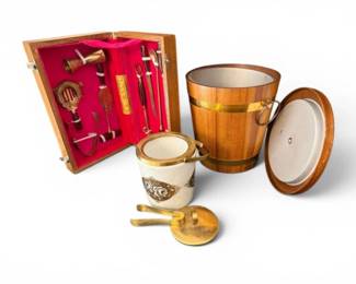 32 AssortedVintageBarwarewIceBucketsBartenderToolsWoodCase