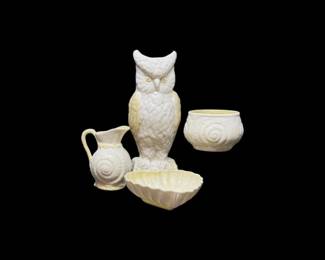 148 BelleekIrelandPorcelainOwlVasePitcherBowlHeartDish