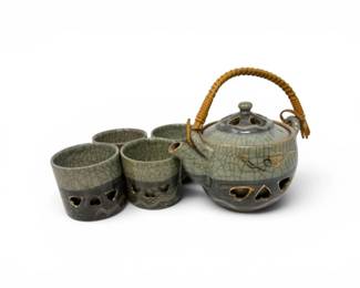 44 VintageJapaneseSomayakiStyleCrackleGlazeTeaSet