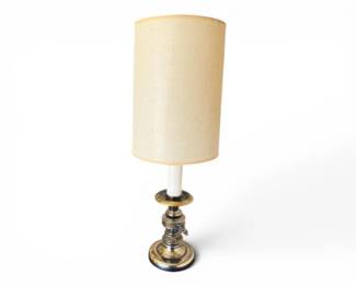 166 VintageBrassToneTableLampwCylindricalLinenShade