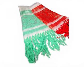 197 2NewThaiSilkStyleScarvesRedGreenMetallicFloral