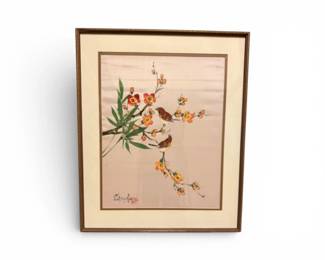 61 SignedAsianHandPaintedBirdBlossomsArtworkonSilkLikeFabric