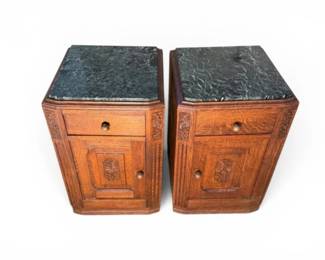 126 PairCarvedWoodEndTableswMarbleTopsCabinetStorage