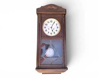 128 VintageSueviaGermanWallClockwBeveledGlassPendulumDoor