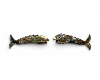 158 VintageMotherofPearlCopperArticulatedFishWallDecorPair