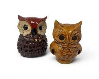 135 PairofCeramicOwlCandleHoldersBrownRedGlazedDecor