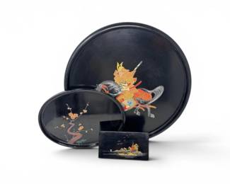 109 JapaneseBlackLacquerwareTrayPlatterTrinketBoxSet