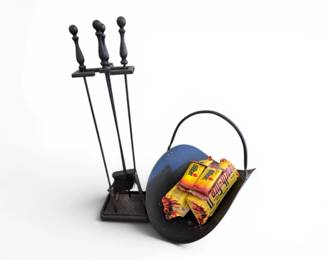 132 WroughtIronFireplaceToolSetLogHolderBasket