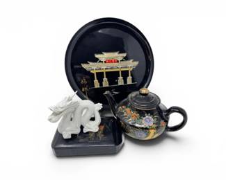 175 AsianDecorGroupTeapotDragonFigurineTrayLacquerBox