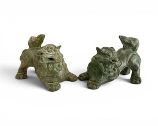 35 PairofGreenPatinaFooDogGuardianLionPotteryFiguresHeavy