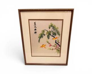 86 FramedAsianEmbroideredBirdBlossomTextileArtwork