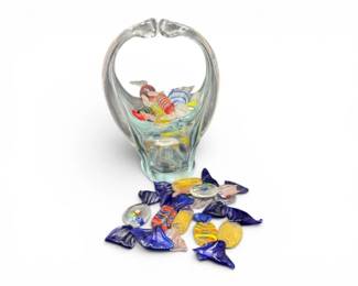 118 MuranoStyleArtGlassBasketwHandBlownGlassCandyAssortment
