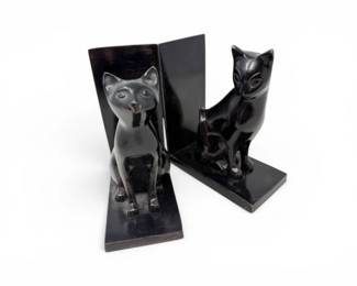 62 PairofGlossyBlackSeatedCatBookendsMatchingFiguralDesign