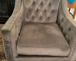 Tufted Grey Velvet Accent Chair W Chrome Nail Head Trim