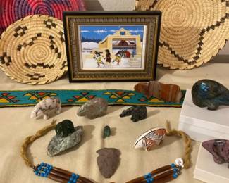 Classic Southwestern Decor, Lot Woven Baskets, Framed, Art, And Stone, Fetish Bears