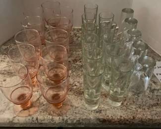 Glass Pink Goblets And Bullet Glasses