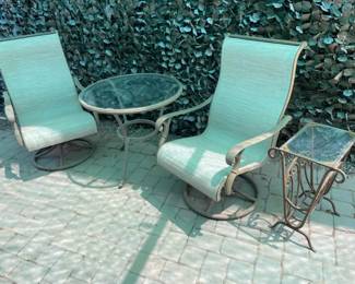 Two Patio RockerSwivel Chairs, Matching Table And Side Table