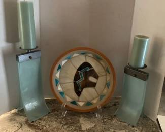 Terra Cotta Platter Signed With Candle Holders
