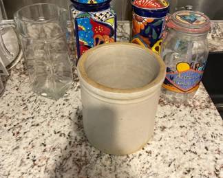 Stoneware Crock . Floral Canisters. Glass Storage Jar and Pitcher