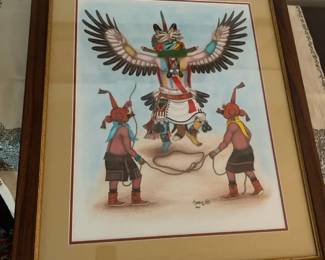Classic Alfred Dawahoya Hopi Framed Original Artwork Kachina Dance Scene