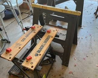 Black Decker Workmate 225 Portable Folding Workbench And Two Folding Sawhorse Stands