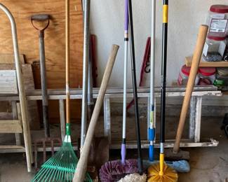 Assorted Longhandled Garden And Cleaning Tools