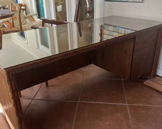 Large Wooden Desk With Glass Top