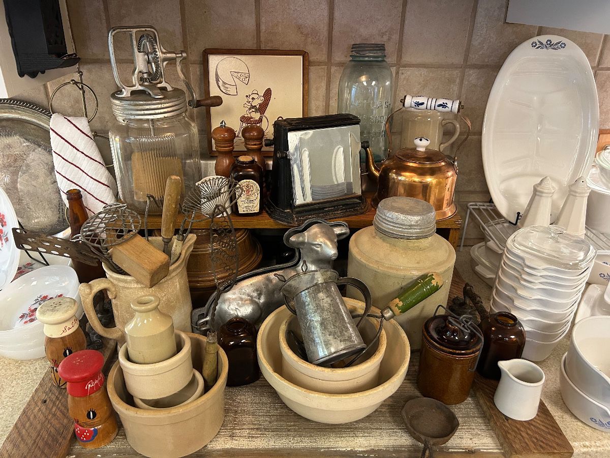 Primitive stoneware crocks, utensils, churn, cake mold, Mason jars & working antique toaster!