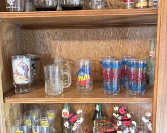 Pepsi-Cola glassware, TAB glassware, 7UP glassware, vintage bottles, and 7UP mascot figurines