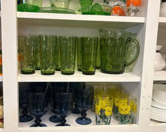 Uranium glass kitchenware, juice sets, El Dorado green pitcher & glasses set, Jelly drinking glasses